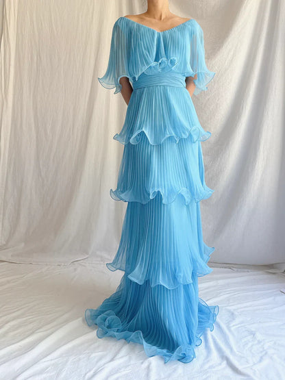 Blue Layered Chiffon A Line V Neck Simple Long Party Dress Evening Dress 18 Birthday Dress SH3625