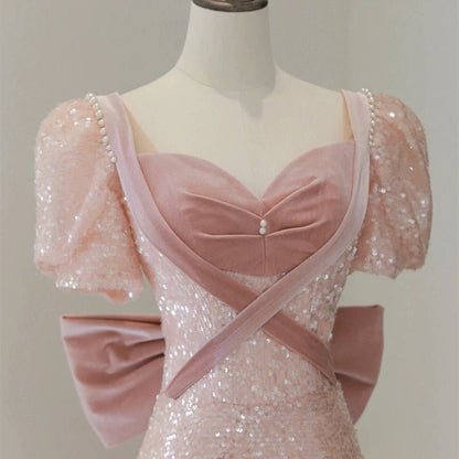 Princess A line Pink Short Sleeves Sequin Long Prom Dresses P1007