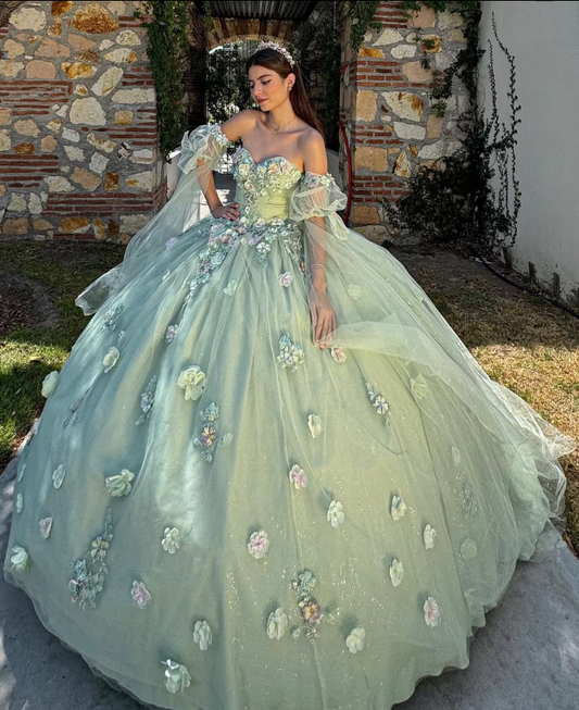 Green Ball Gown Quinceanera Dresses Off the Shoulder Floral Tulle Sweet 16 Dress Party Gowns SH3554