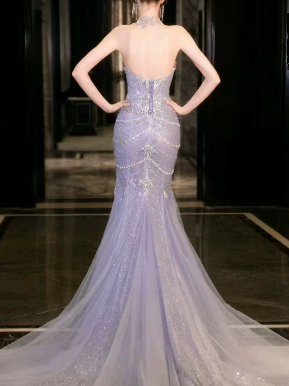 Pretty Mermaid Off The Shoulder Blue Tulle Silver Beads Long Prom Dresses Formal Evening Dress SD1498