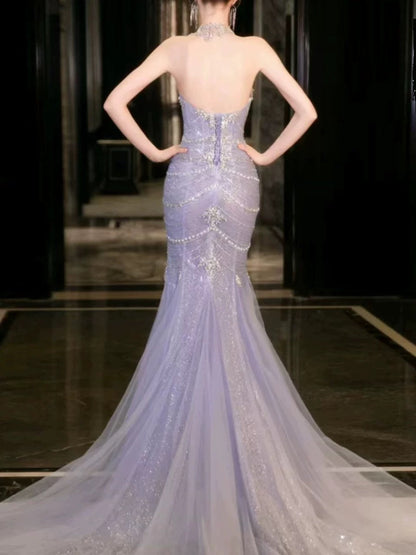 Pretty Mermaid Off The Shoulder Blue Tulle Silver Beads Long Prom Dresses Formal Evening Dress SD1498