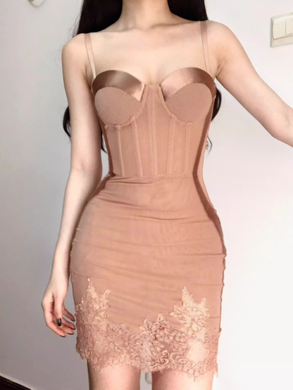 Sexy Sheath Spaghetti Strap Brown Lace Tulle Short Homecoming Dress Cocktail Dress SH3122