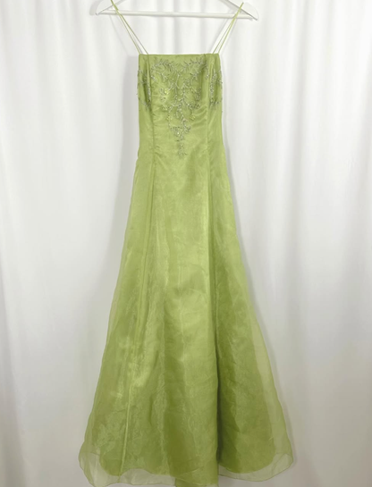 Green Vintage A Line Spaghetti Strap Beaded Organza Party Dress Prom Dress SH3600