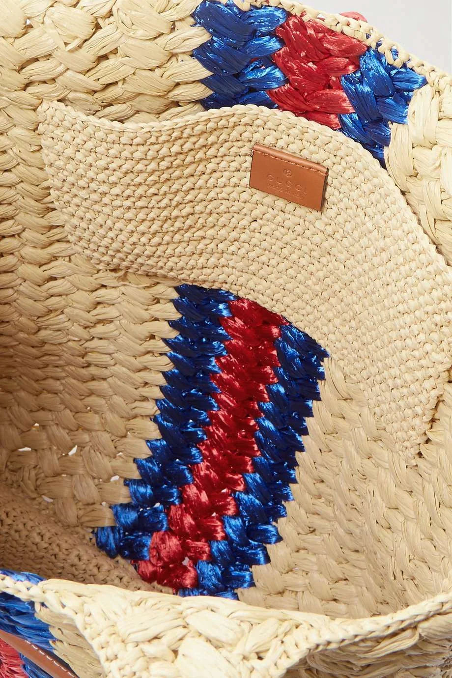 GUCCI Embellished leather-trimmed crocheted raffia tote