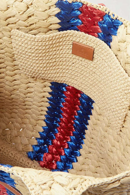 GUCCI Embellished leather-trimmed crocheted raffia tote
