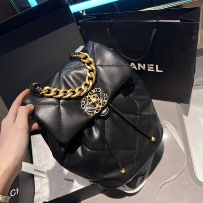 CHANEL 24C Black Lambskin Quilted 19 Flap Backpack Mixed Hardware