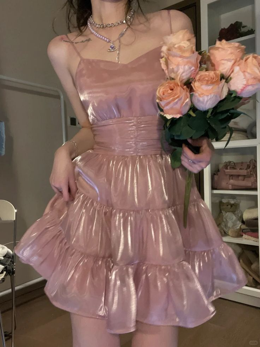 Classy A Line Spaghetti Strap Pink Organza Homecoming Dress Cocktail Dress S435