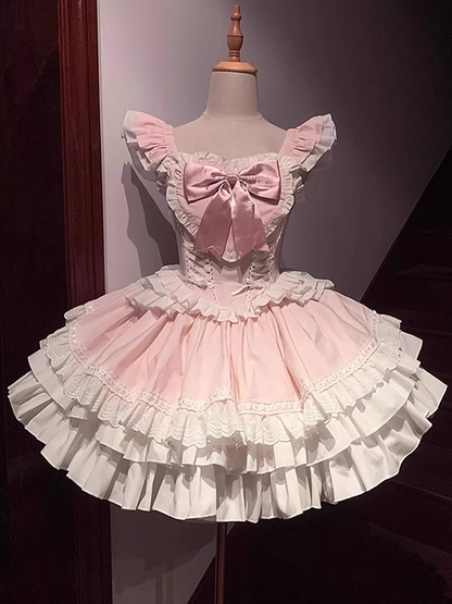 Cute Ball Gown Square Neckline Floral Lace Party Dresses Pink Birthday Outfits With Bowknots SD455