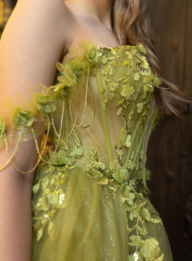 Fairy A Line Off the Shoulder Corset Appliques Green Tulle Prom Dress Evening Dress SH2180