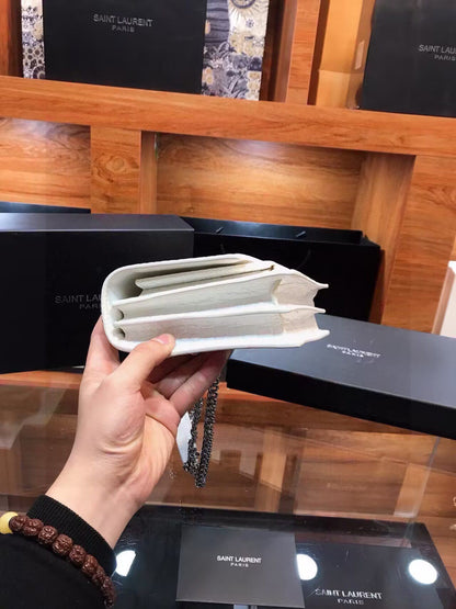 SAINT LAURENT Calfskin Crocodile Embossed Medium Monogram Sunset Icy White