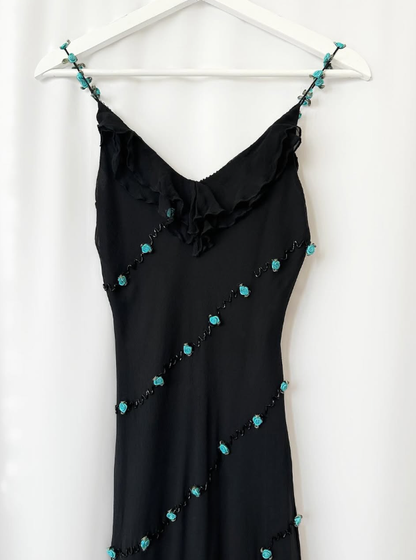 Vintage Blue Floral Black Beaded Ruffles Chiffon Prom Dress Evening Party Gowns SH3537