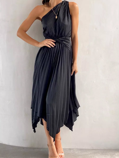 Elegant A Line One Shoulder Pleated Orange Satin Bridesmaid Dress Evening Dress SH3057