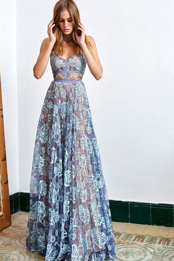 A Line Floor Length V Neck Spaghetti Sleeveless Lace Prom Dress PSK087