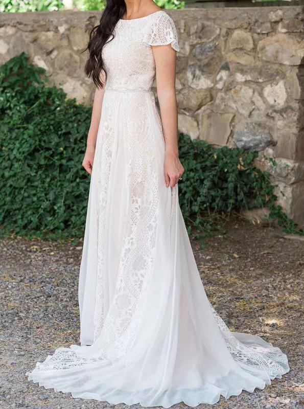 PM091,A Line Lace Beach Wedding Dresses With Short Sleeves, Lace Boho Bridal Gown
