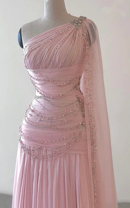 A Line One Shoulder Pink Chiffon Evening Gown Prom Dresses