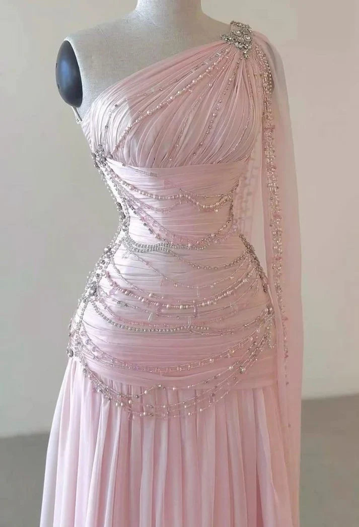 A Line One Shoulder Pink Chiffon Evening Gown Prom Dresses