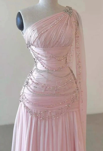 A Line One Shoulder Pink Chiffon Evening Gown Prom Dresses