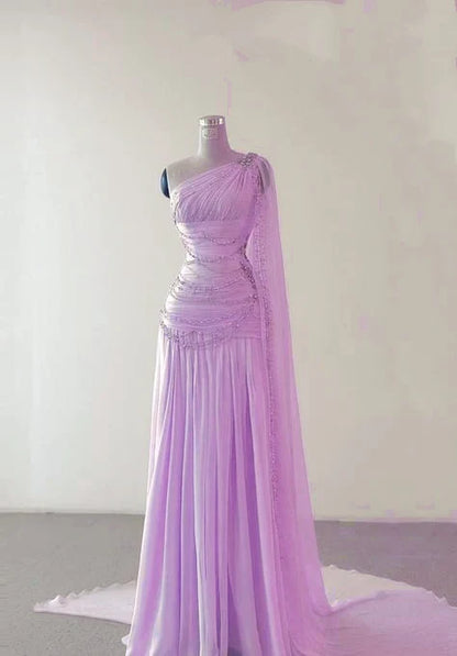 A Line One Shoulder Pink Chiffon Evening Gown Prom Dresses