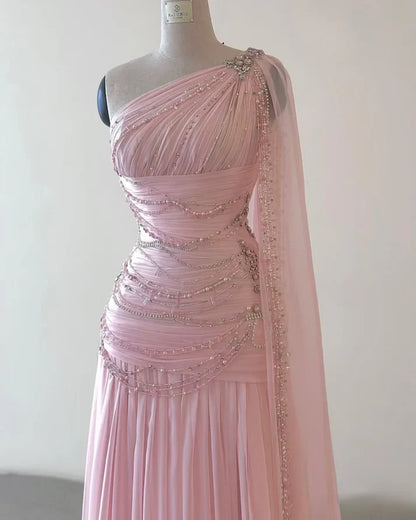 A Line One Shoulder Pink Chiffon Evening Gown Prom Dresses