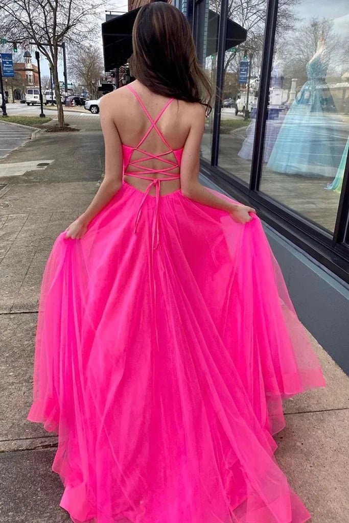 Hot Pink Tulle Side Slit Long Evening Prom Dress