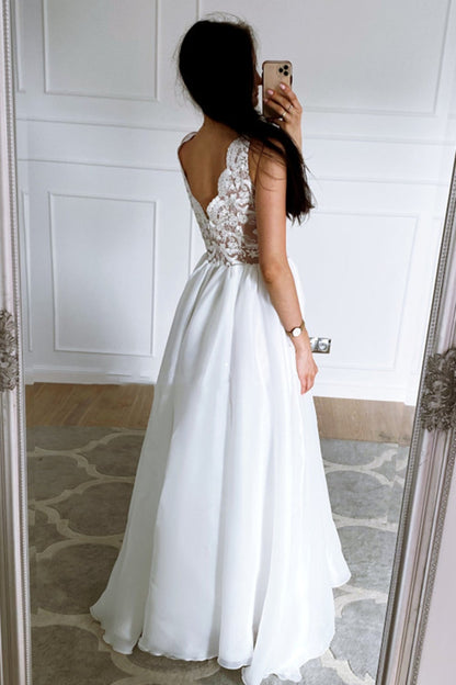 A Line V Neck Open Back White Lace Long Prom Dress, White Lace Formal Graduation Evening Dress