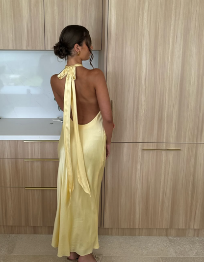 Simple A Line Halter Yellow Satin Open Back Long Prom Dress Evening Dress SH2503