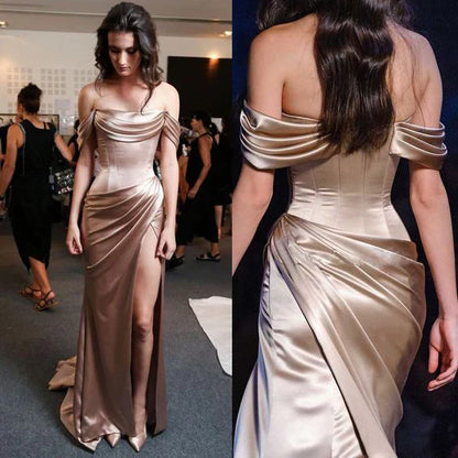 Brown retro fashion tight off-the-shoulder short sleeve floor-length train long satin ball gown evening dress party dress gh2359