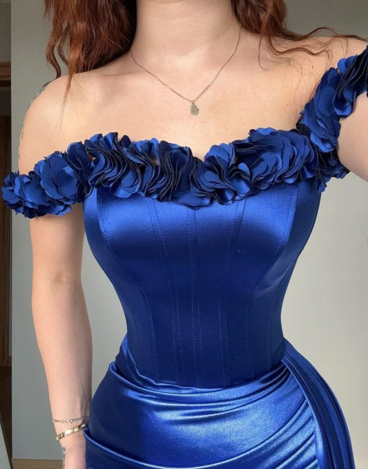 Royal Blue Mermaid Straps Corset Pleated Satin Long Prom Dress Evening Dress SH3544