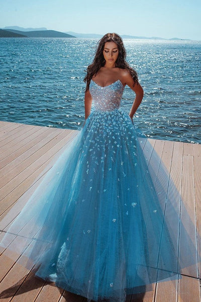 OCEAN BLUE STRAPLESS SPARKLE BEADS TULLE PRINCESS PROM DRESS SA85