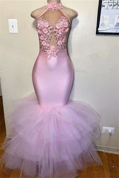 PINK HALTER SLEEVELESS FLOWER APPLIQUES TULLE MERMAID PROM DRESS SA75
