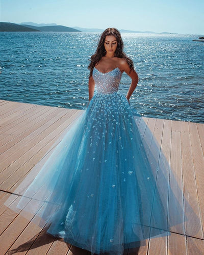 OCEAN BLUE STRAPLESS SPARKLE BEADS TULLE PRINCESS PROM DRESS SA85