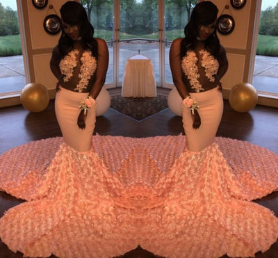 GORGEOUS PINK FLOWERS LACE APPLIQUES PROM DRESS SA132