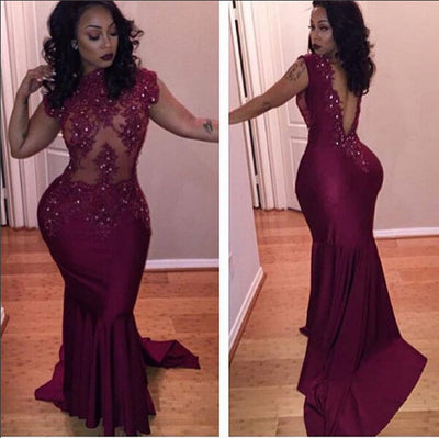 GORGEOUS CAP SLEEVE BURGUNDY PROM DRESS SA129