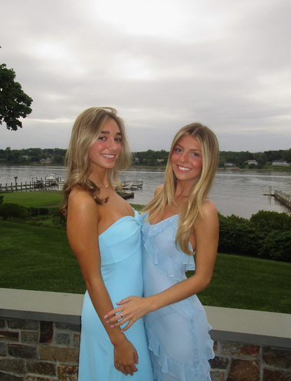 Unique Sheath Spaghetti Strap Ruffle Baby Blue Satin Prom Dress Evening Dress SH2325