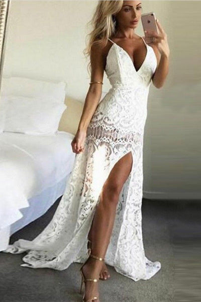 UNIQUE SPAGHETTI STRAPS APPLIQUES SLEEVELESS V-NECK FRONT SLIPT PROM DRESS SAS35