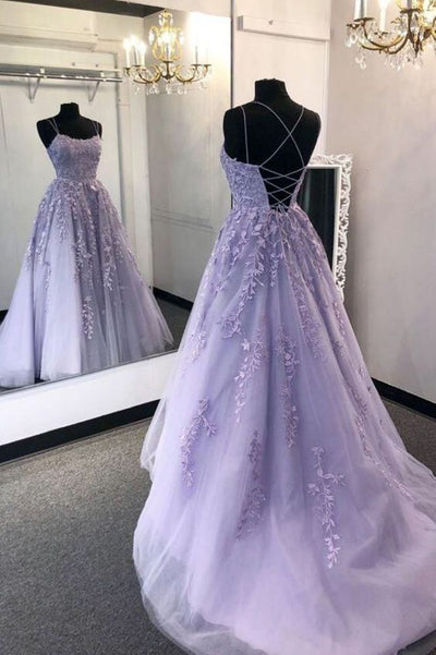 SPAGHETTI STRAPS SWEETHEART EVENING DRESS TULLE FLORAL APPLIQUES BACKLESS PROM DRESS SAS42