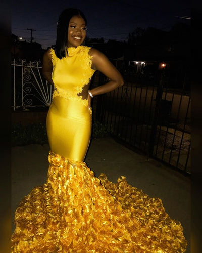 WOMEN'S CHIC SLEEVELESS SATIN SWEEP TRAIN SLIM MAXI PROM DRESS SAS44