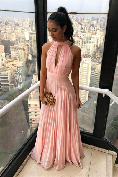 SIMPLE HIGH NECK CHIFFON KEYHOLE SLEEVELESS CANDY PINK PROM DRESS SAS50