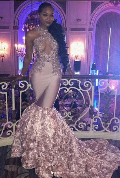 PINK LACE PROM DRESS MERMAID EVENING GOWNS WITH BOTTOM FLOWERS SAS54