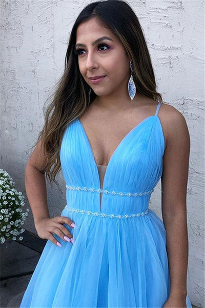 SKY BLUE SPAGHETTI-STRAPS A-LINE TULLE SLEEVELESS PROM DRESS SAS55