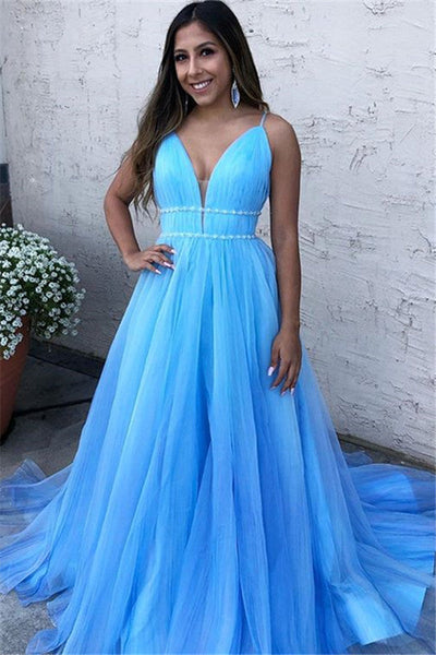 SKY BLUE SPAGHETTI-STRAPS A-LINE TULLE SLEEVELESS PROM DRESS SAS55