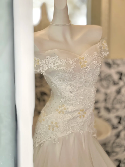 White Mermaid Off the Shoulder Appliques Layered Organza Wedding Dress Prom Dress SH3844