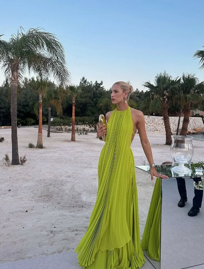 Green A Line Halter Chiffon Open Back Long Prom Dress Evening Dress SH2276