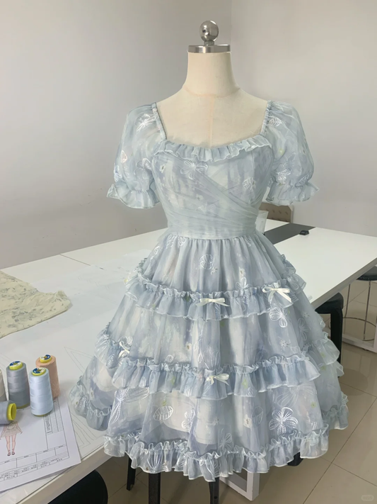 Cute Blue Square Neck Chiffon Print Floral Ruffles A Line Homeocming Dress Princess Bithday Outfits S903