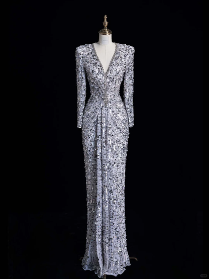 Stunning Sheath V Neck Long Sleeve Sliver Sequin Prom Dress Graduation Prom Dress SH2476