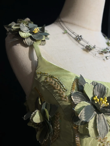 Vintage Green A Line Spaghetti Straps Beaded 3D Flower Satin Prom Dress Evening Dress SH3334