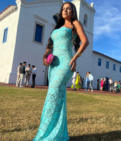 Blue Sheath Strapless Exquisite Lace Party Dress Evening Dress Prom Dress SH3904