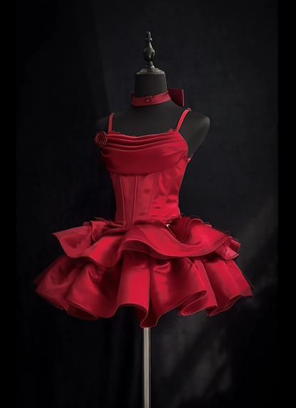 Elegant Red Spaghetti Straps Layered Short Birthday Party Dress 8th Grade Homecoming Dress S653