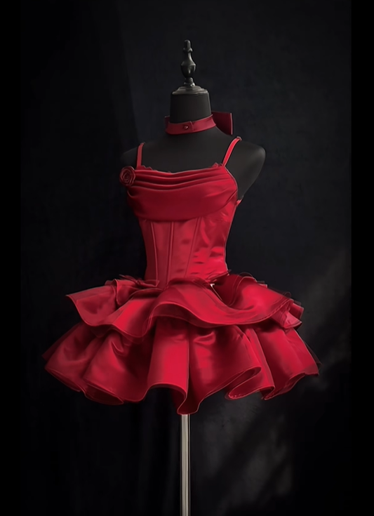 Elegant Red Spaghetti Straps Layered Short Birthday Party Dress 8th Grade Homecoming Dress S653