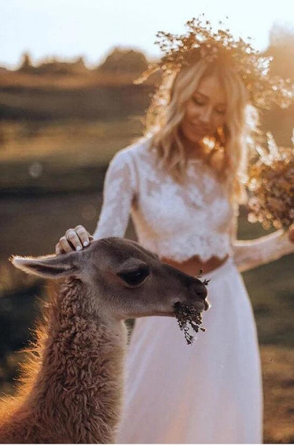 Affordable Casual Long Sleeve Lace Top Bridal Dresses,Rustic 2 Piece Crop Top Wedding Dress